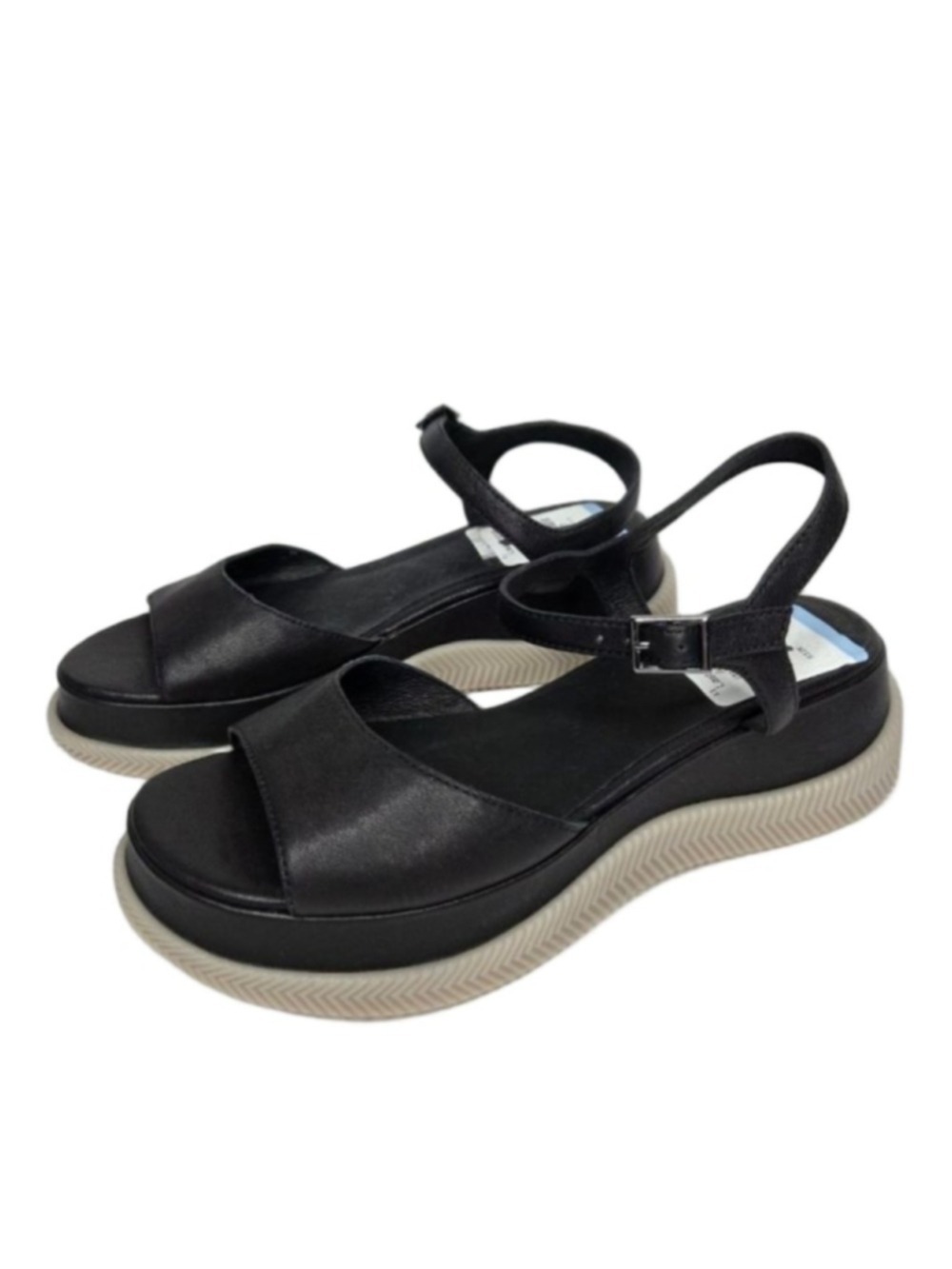 Eileen Fisher Ario Sporty Leather Wedge Black Sandals Women's Size 7.5